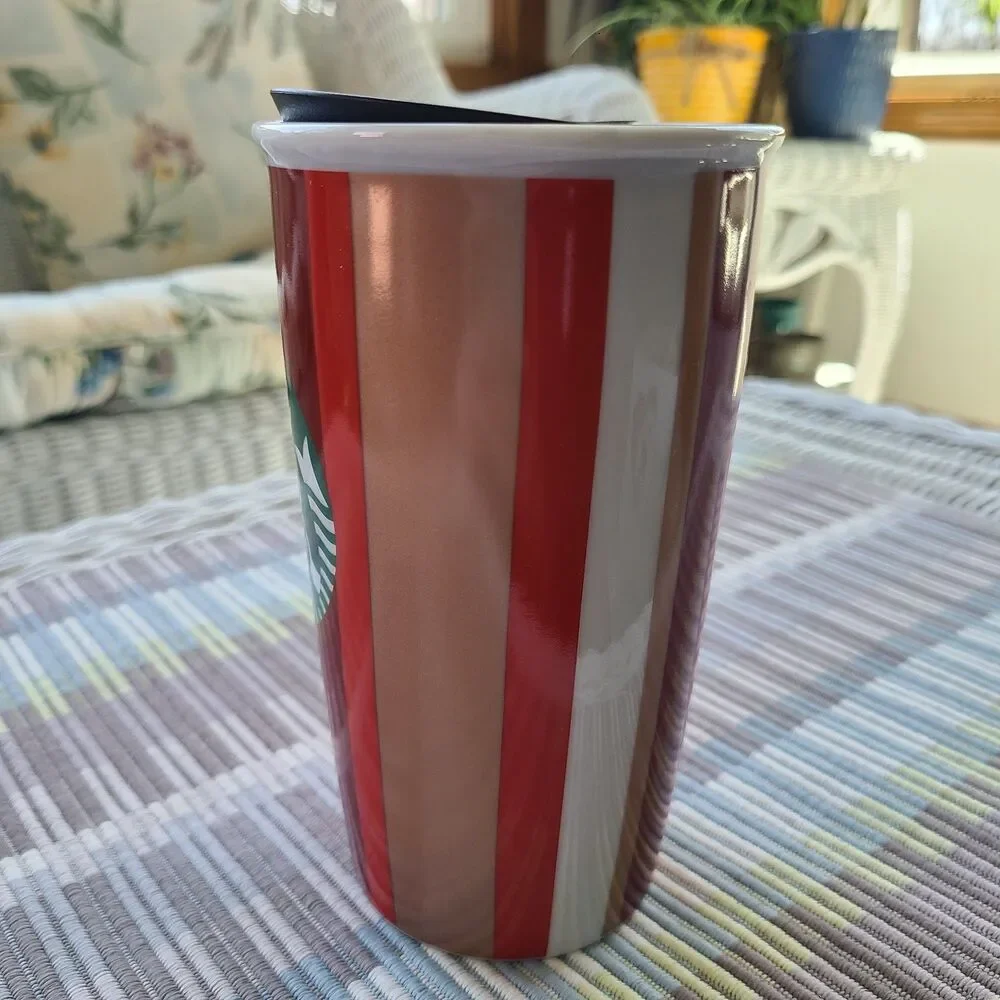 Starbucks Holiday Ceramic Tumbler Red Stripe Double Wall Travel 12 Oz Mug Cup